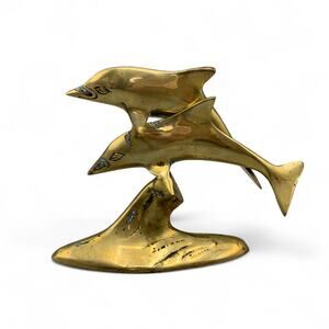 Brass Twin Dolphin Figurine Statue Jumping 5" Vintage Beach Decor Dancing
